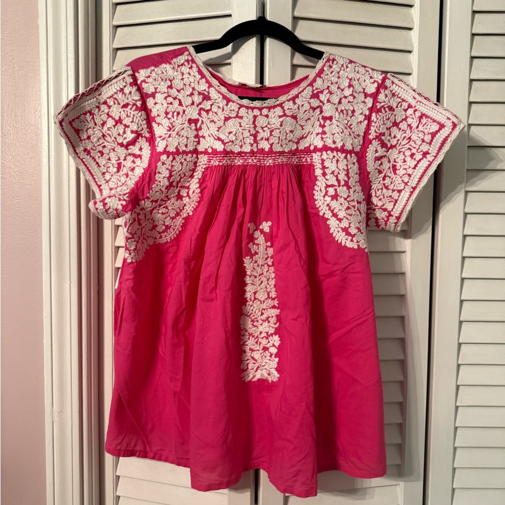 Frances Valentine Pink and White Blouse with Ruffled Accents